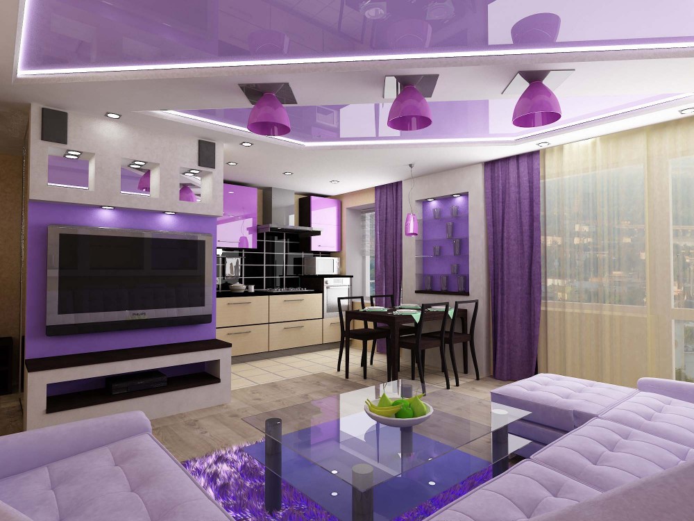 Визуальное разделение кухни, совмещенной с гостиной, при помощи дизайна потолка и освещения