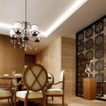 Imposing Partition Between Kitchen and Dining Room with Rustic Pendant Lamp and Wooden Furniture as Interior Partition Idea