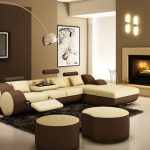 Metalic Arched Floor Lamp with Small Leather Sectional Sofa and Stylish Fireplace for Modern Living Room Ideas with Black Carpet