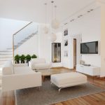best modern living room decoration ideas featuring white fabric plose sofa using track arm and chrome finished base legs and winder style staircase plus oak wooden laminaye floor as well as living roo 730x48