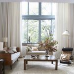 large contemporary cream window curtains with brown wooden living room seating area plus decorative lamp shades