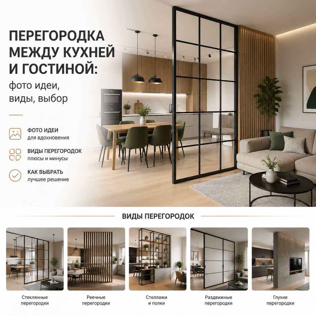 Перегородка между кухней и гостиной: фото идеи, виды, выбор