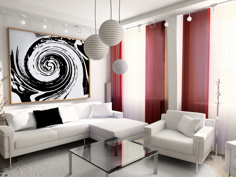 Яркие шторы простой формы в качестве акцента в интерьере гостиной в стиле хай - тек