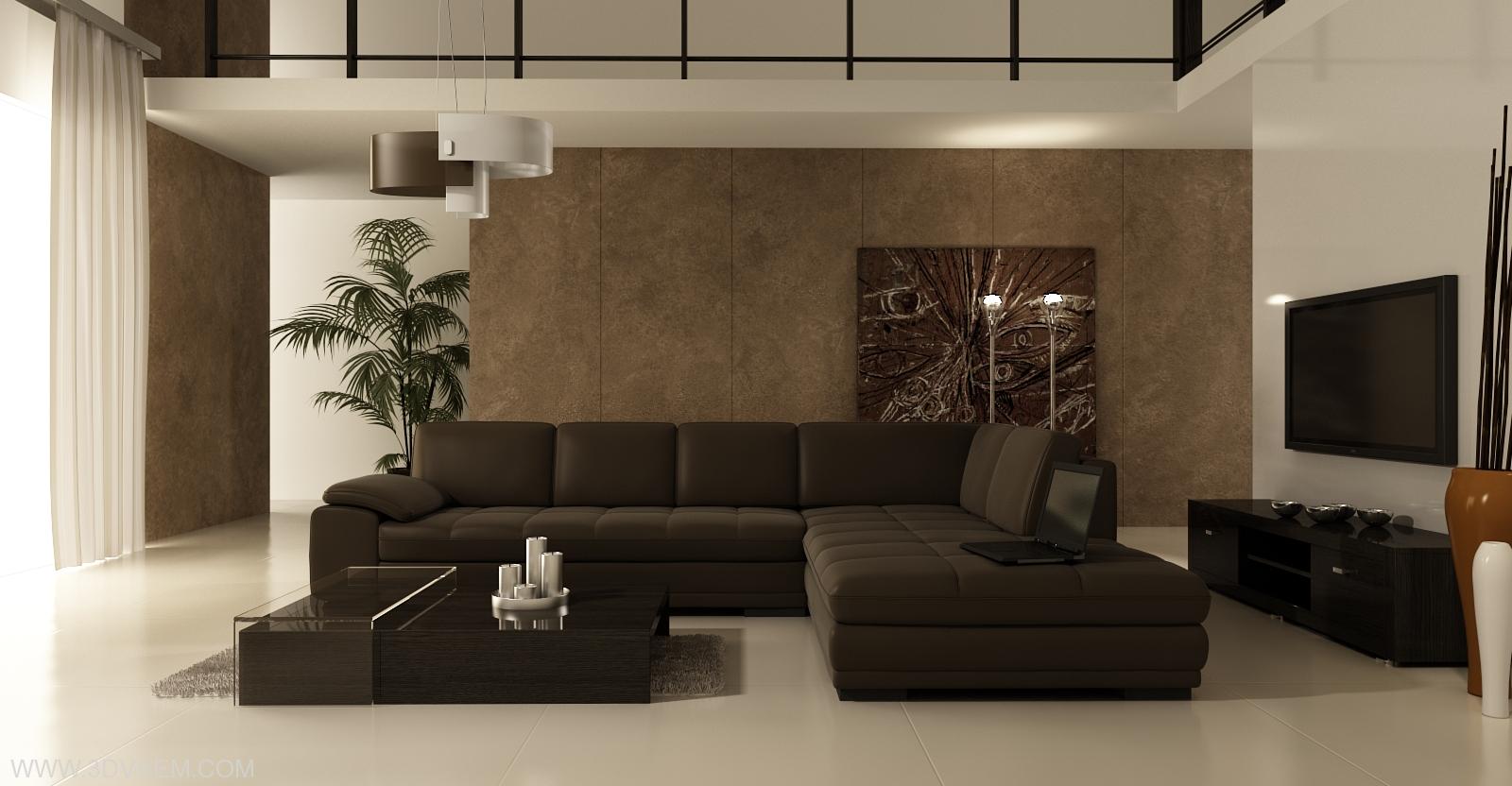 Интерьер гостиной в стиле минимализм в бежево - коричневых тонах