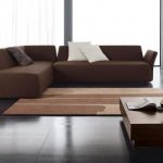 furniture living room inspiring brown modular l shape fabric sofa with lovely white cushion and brown lacquer square oak wooden coffee table on top shiny black ceramic tile floor as well as contempor