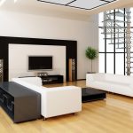 stylish black and white living room wall unit in chic living room design with white upholstered long sofa face each other and flat black finish coffee table as well as wall unit ideas also white wall