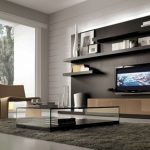 captivating modular furniture coffee tables living room design with glass coffee table on gray area rug and two beige chair plus black wall shelves also tv wall unit along large glass window as well a