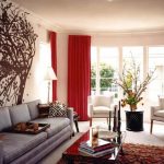 fantastic tree wall mural also straight line sofa design and glass coffee table plus awesome red living room curtain