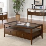 living room modern elegant dark brown polished wooden coffee table with clear glass top and double drawer storage ideas single tier shelving on white area rug and lacquered wood laminate floor as well