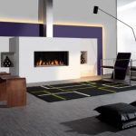 modern living room design option rectangle fire place white concrete mantels stainless vent hood recessed wall lighting twin oak bench twin black arms chairs modular carpet black pillows dark textural 618x34