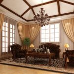 soft brown living room curtain with rails and tie with glass windows and glass door with wooden frame and living room classic living room with brown wooden sofa couch and wooden coffee table rug 1