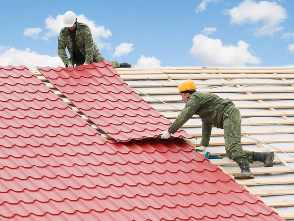 two workers on roof at works with metal tile and roofing iron